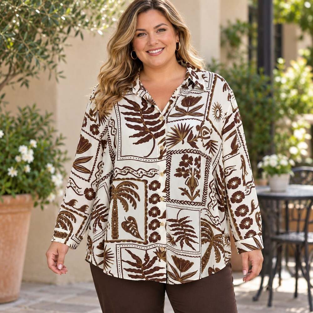 Rose+Olive Tropical Scarf Print Button Up Blouse 2X